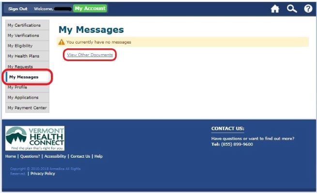 Graphic of how to view documents posted to a Vermont Health Connect account.